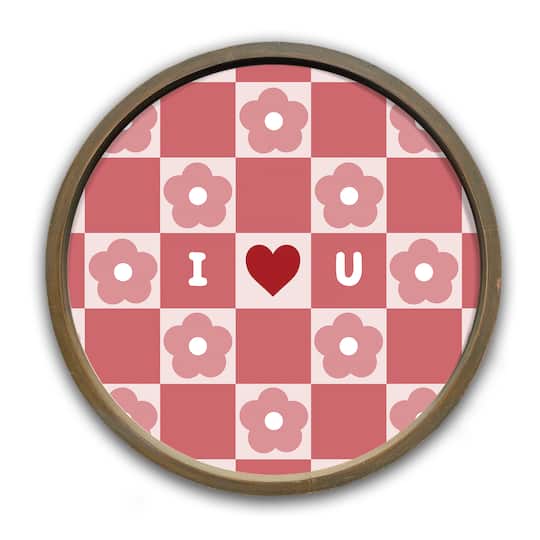 I Heart You Daisy Check Round Brown Framed Print